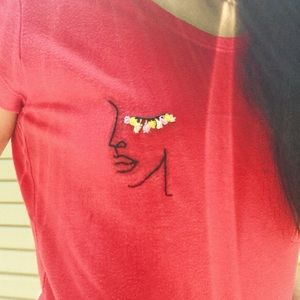 Line Drawing Flower Shirt - Hand Embroidered